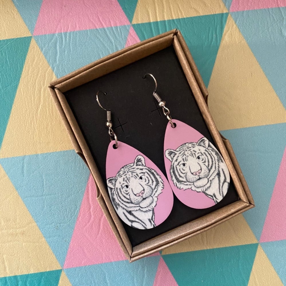 White Tiger Earrings - Pink