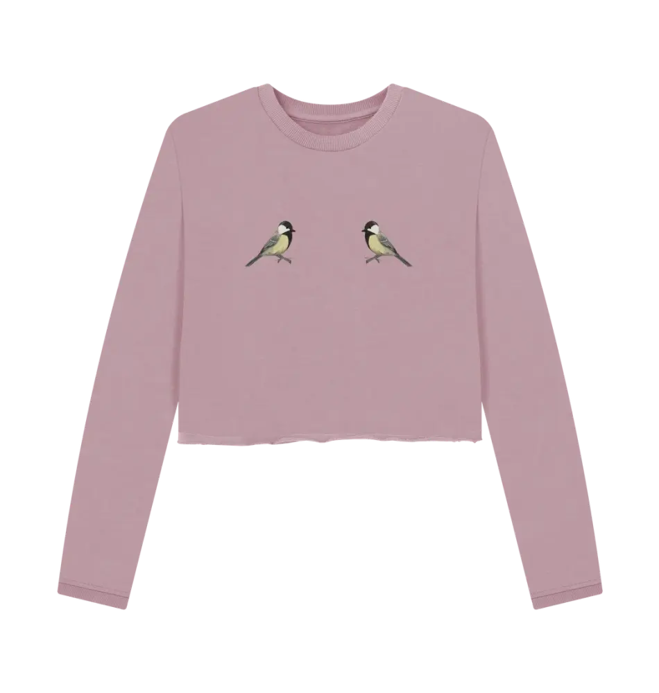 Wow! Great Tits - Ladies Cropped Sweatshirt - Mauve Size 16