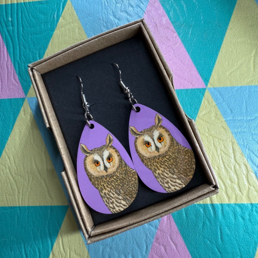 Long Eared Owl Earrings - Purple