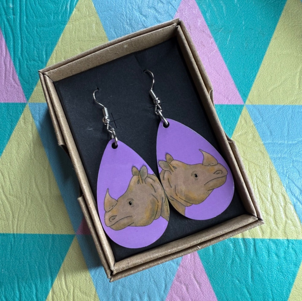 One Horned Rhino Earrings - Purple