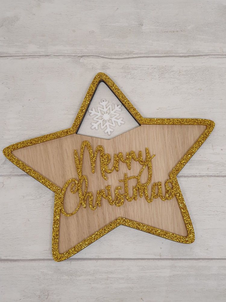 Acrylic & Veneer Merry Christmas Star. 