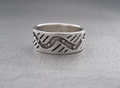 Sterling silver ring; wave, dots & stripes band