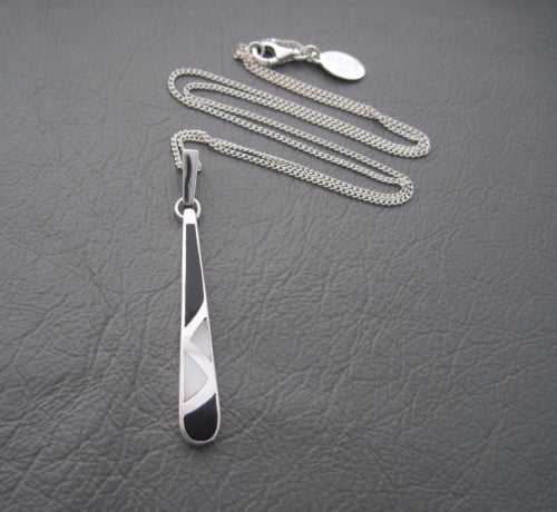 Sterling silver necklace with a long MOP & onyx teardrop pendant