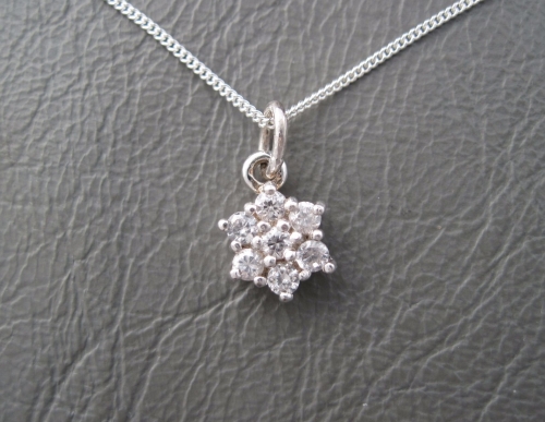 Sterling silver necklace with a clear daisy cluster pendant