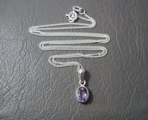 Sterling silver bezel set oval amethyst necklace