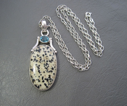 Beautiful sterling silver, Dalmatian jasper & topaz necklace