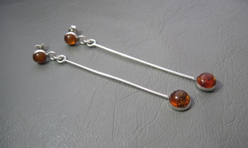 Long slender sterling silver & amber drop earrings