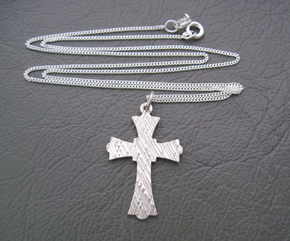 Fancy Italian sterling silver textured front cross necklace