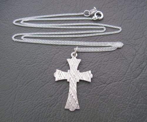 Fancy Italian sterling silver textured front cross necklace
