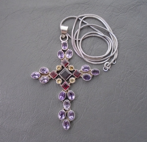 Large sterling silver & multi gem set cross necklace