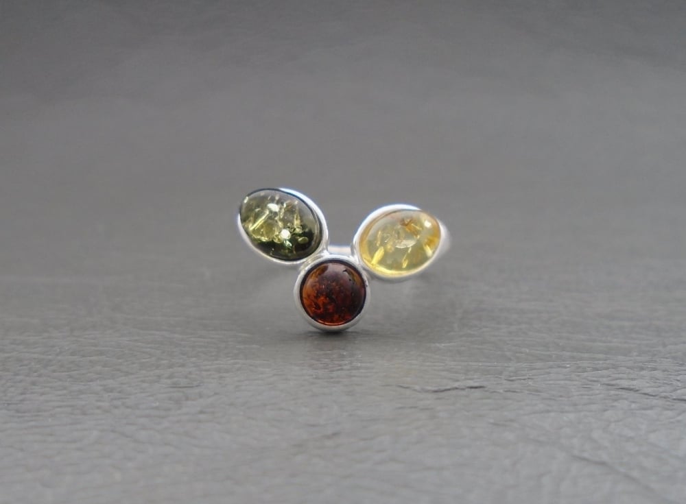 (NEW) Wishbone style sterling silver & multi-amber ring