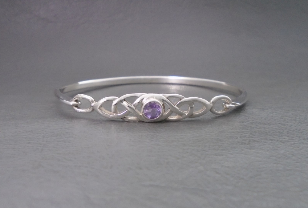 Celtic sterling silver bangle set with amethyst