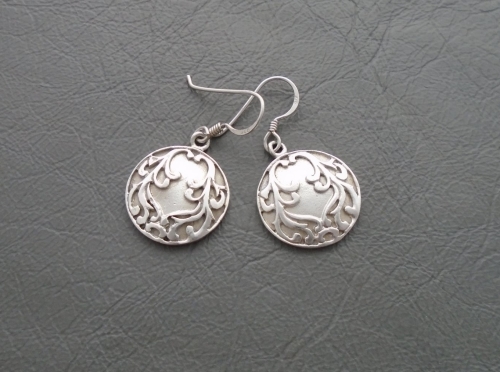 Fancy sterling silver scroll disc earrings
