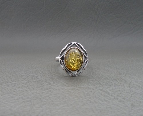 Fancy sterling silver & oval amber cabochon ring