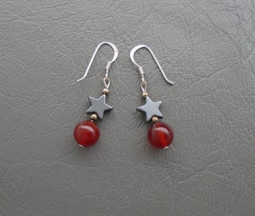Sterling silver, hematite star & carnelian sphere earrings