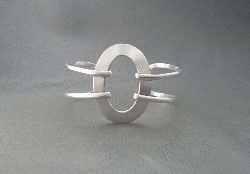 Large sterling silver open oval cuff bracelet