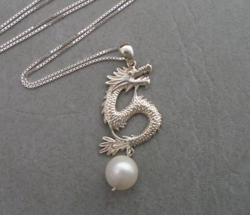 Sterling silver dragon necklace with a freshwater pearl drop