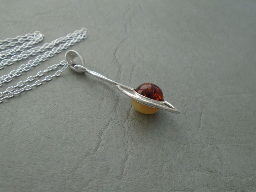 Unusual double sided sterling silver & amber necklace