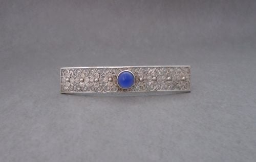 Vintage 835 silver filigree bar brooch with blue glass