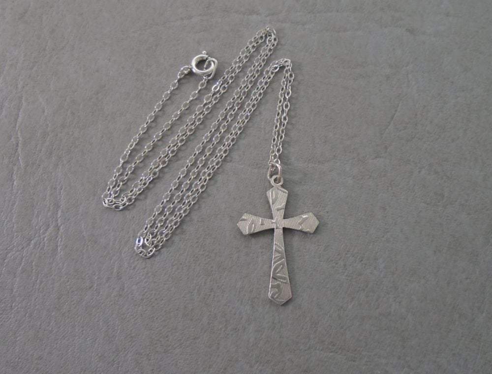 Small sterling silver embossed cross necklace