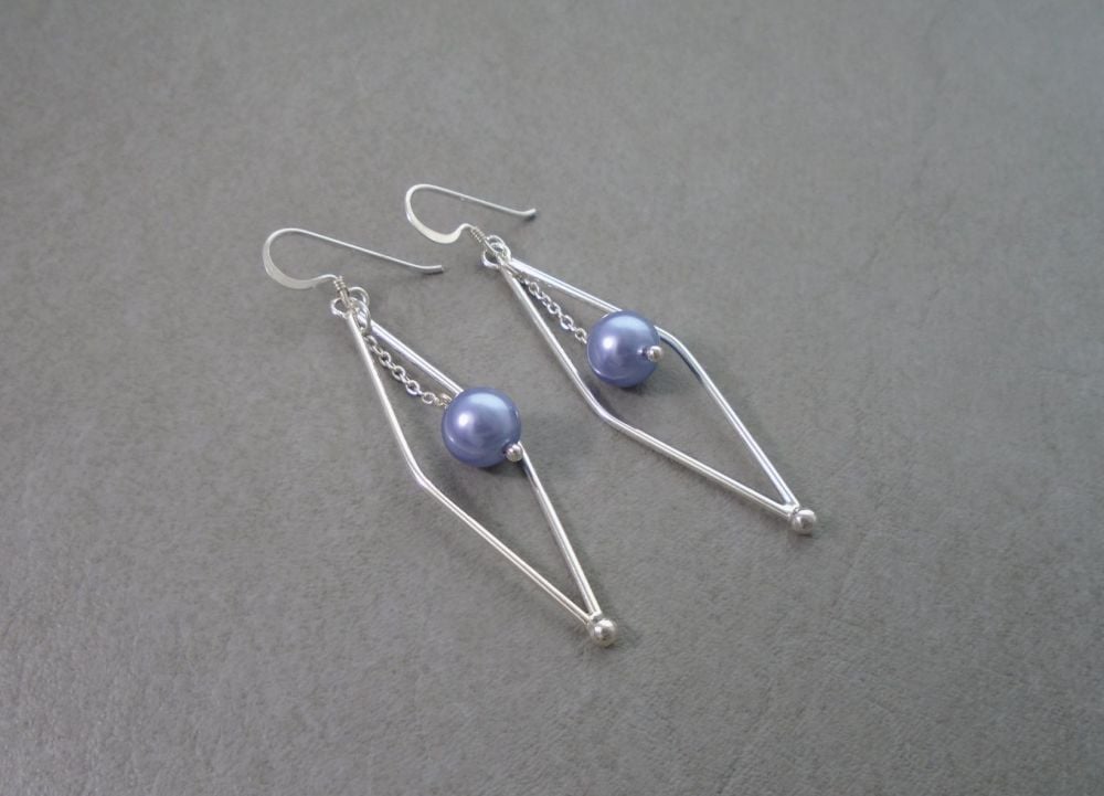 Long sterling silver earrings with faux pearl droppers