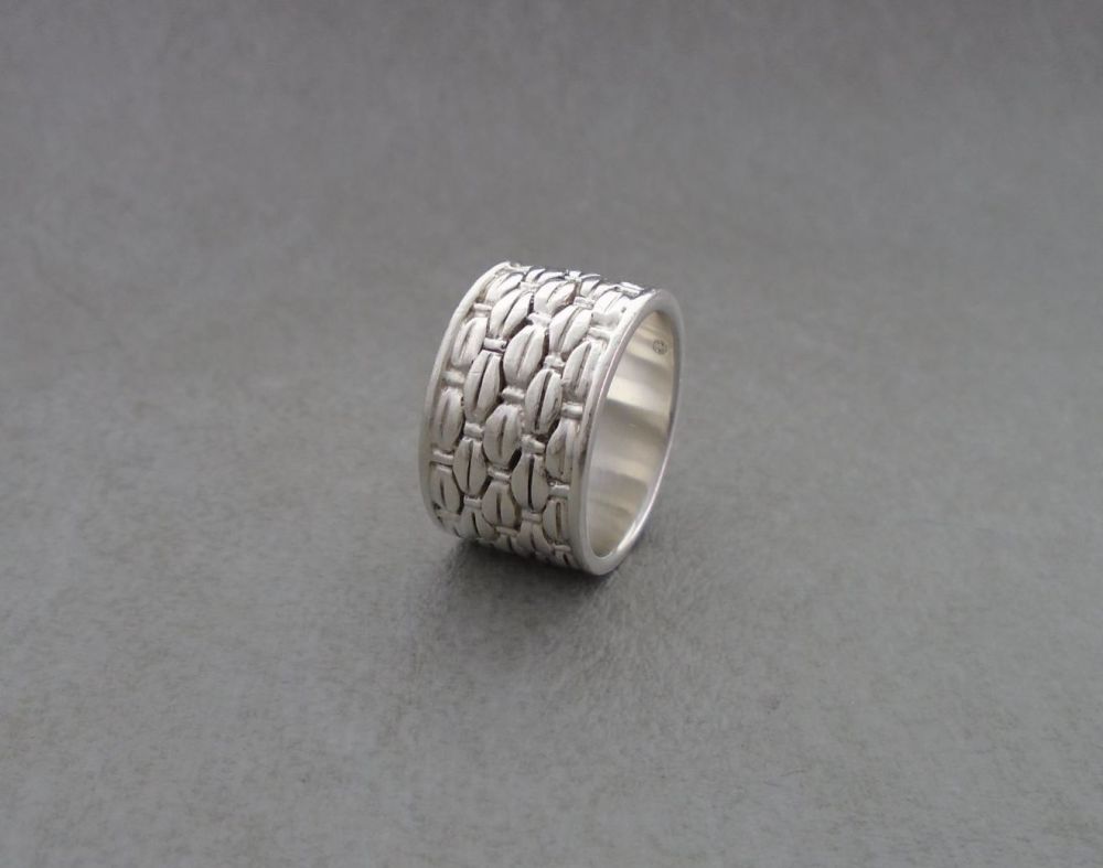 Wide sterling silver basket weave ring