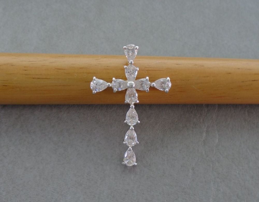 Large sterling silver cross pendant with clear pear-cut stones