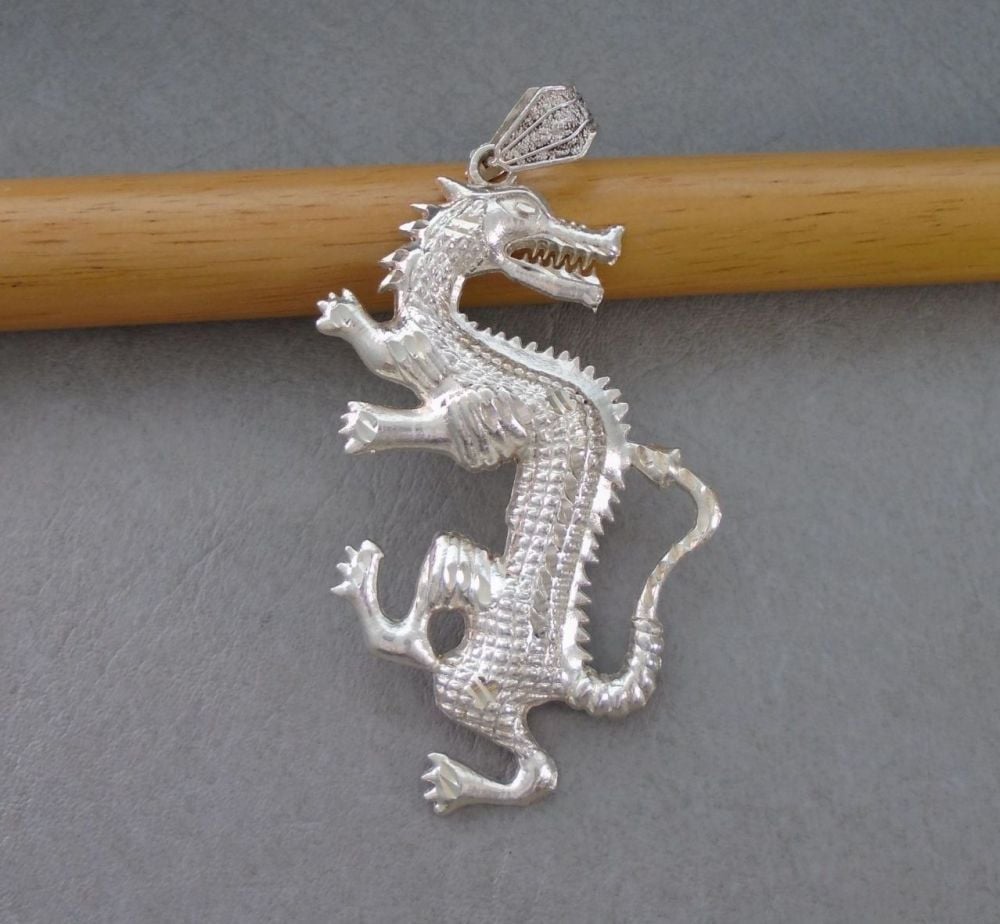 Large sterling silver textured dragon pendant