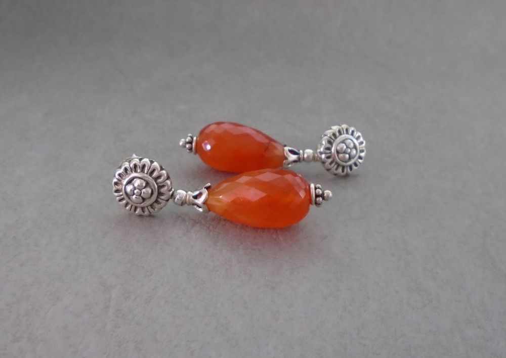 Fancy sterling silver & faceted carnelian drop earrings
