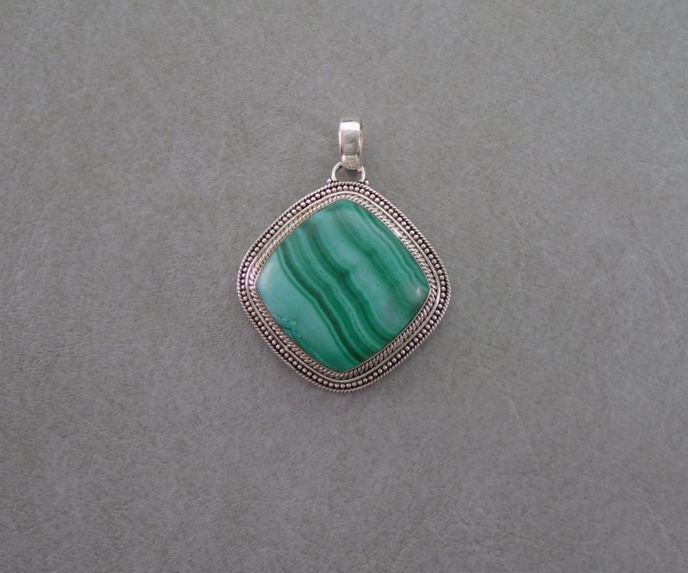 Chunky sterling silver framed malachite pendant