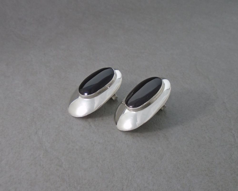 Layered oval sterling silver & black onyx earrings