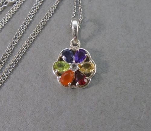 Attractive sterling silver & multi-gem stone floral necklace