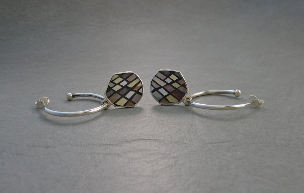 Sterling silver hoop earrings with hexagonal mosaic drops
