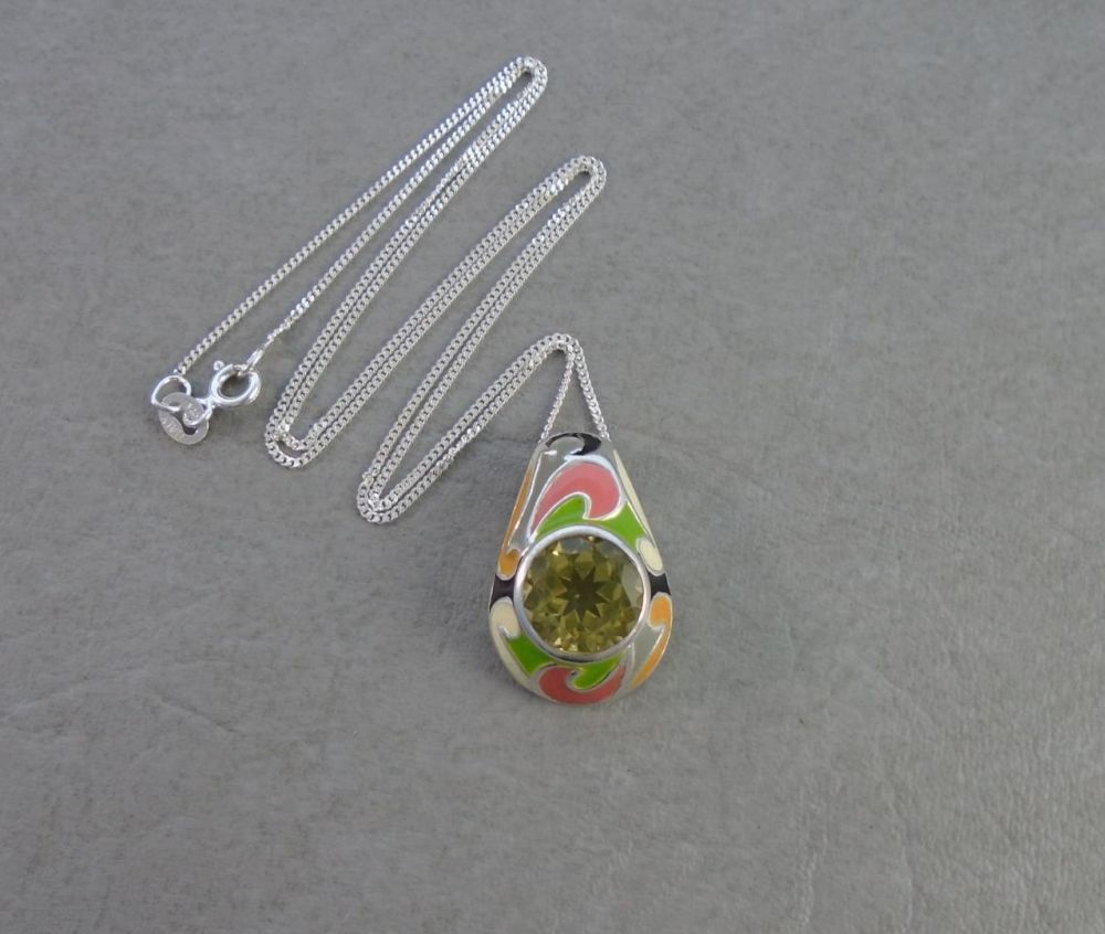 Unusual sterling silver, green gemstone & enamel necklace