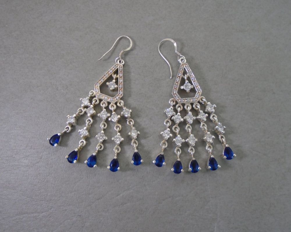 Large sterling silver, blue & clear stone chandelier earrings