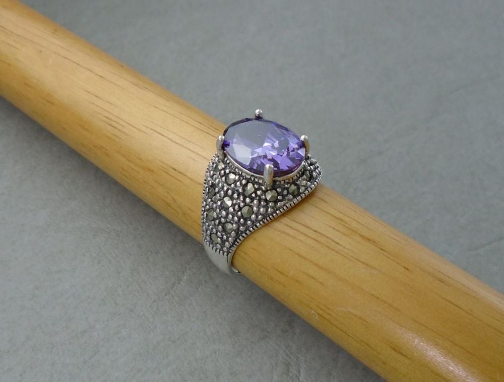 Sterling silver, amethyst glass & marcasite cocktail ring