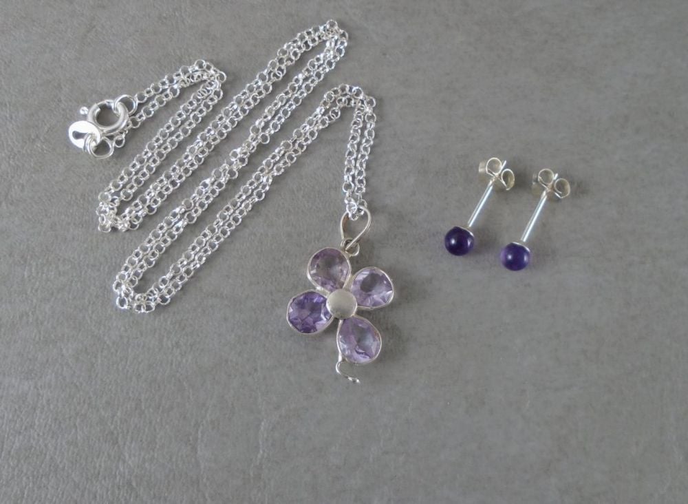 Sterling silver & amethyst set; floral necklace & sphere stud earrings