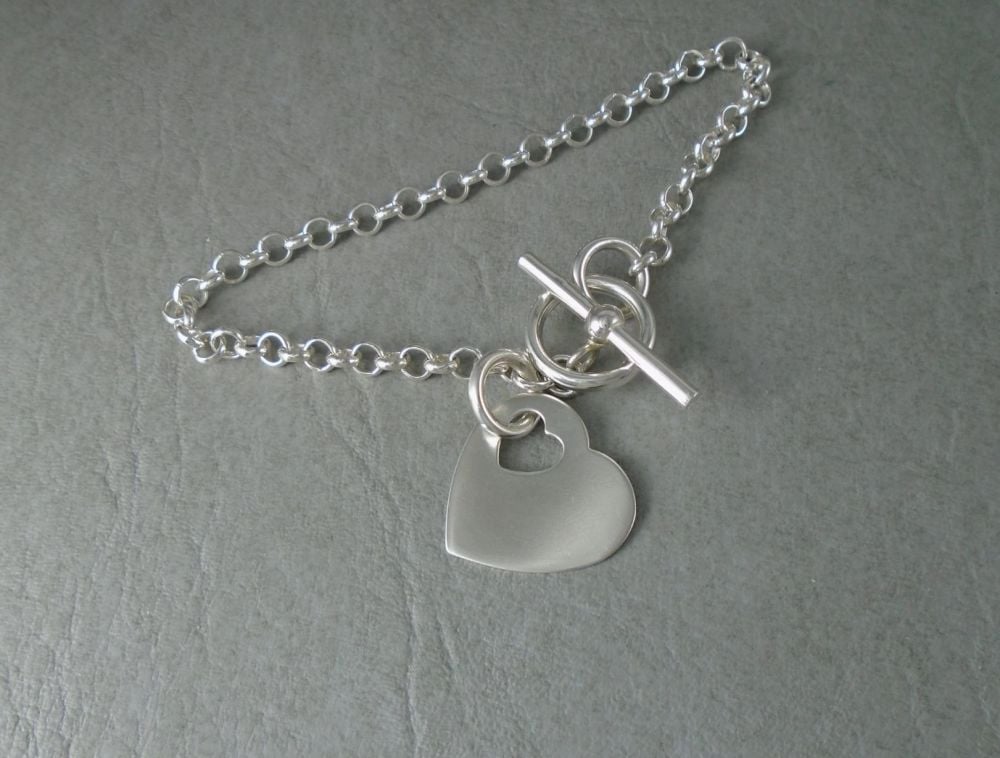 Sterling silver toggle bracelet with a heart tag / charm