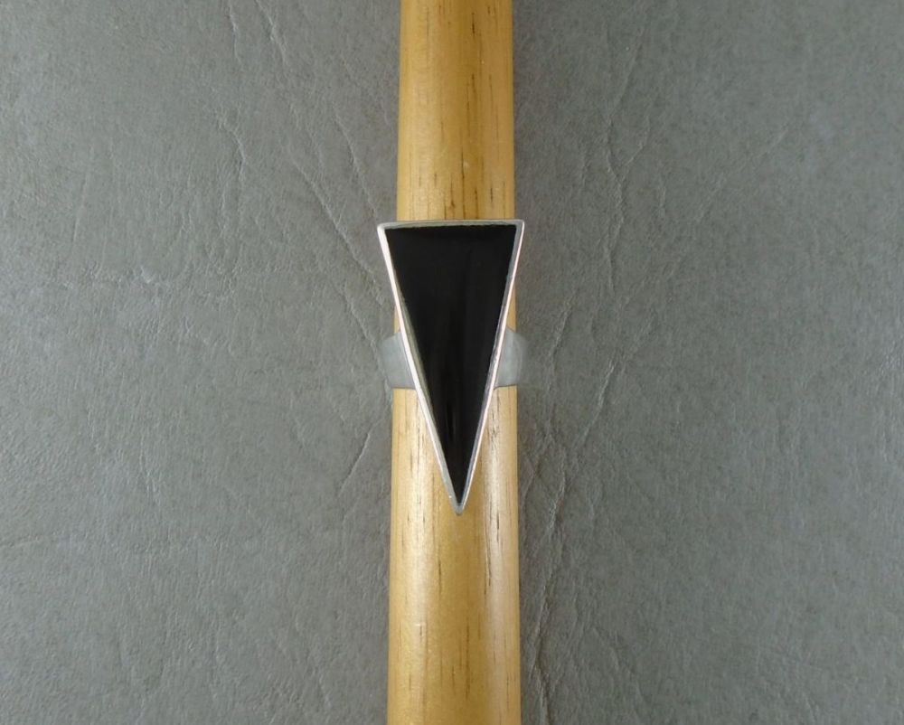 Long sterling silver & black onyx triangle ring
