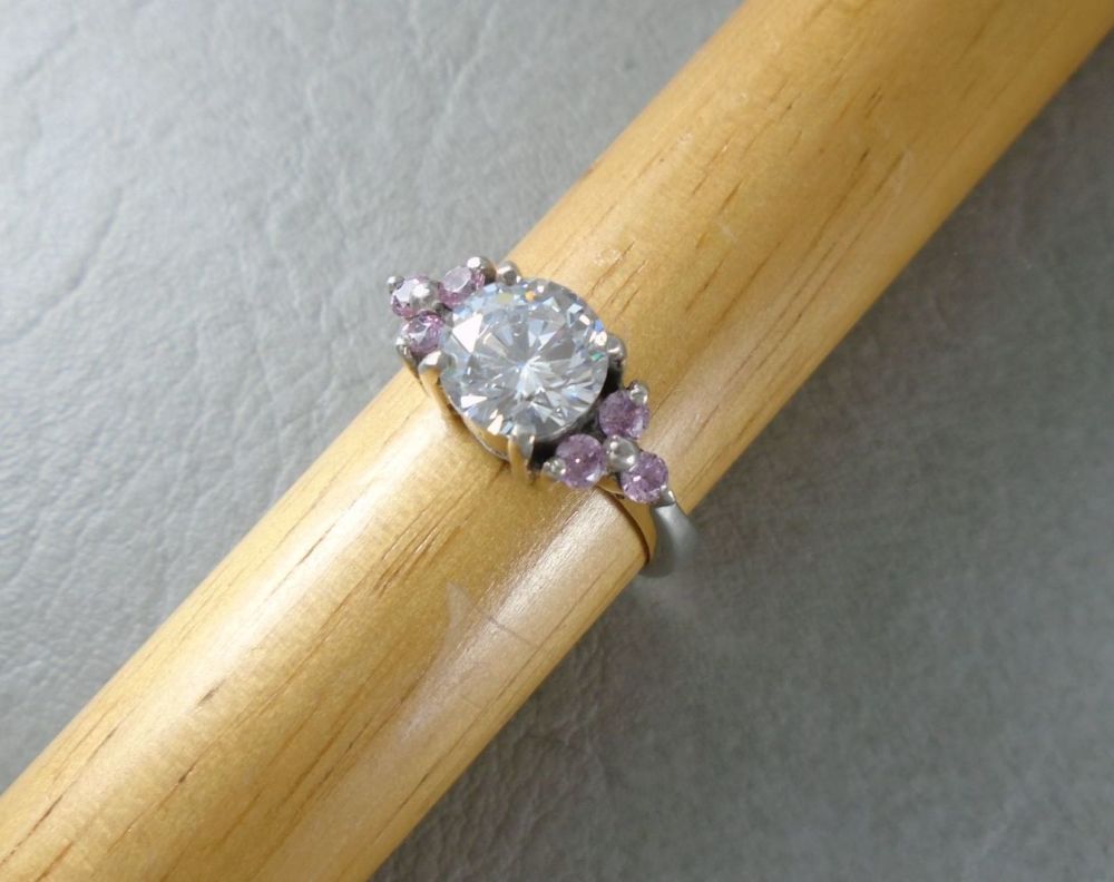 Sterling silver ring with pink & clear stones