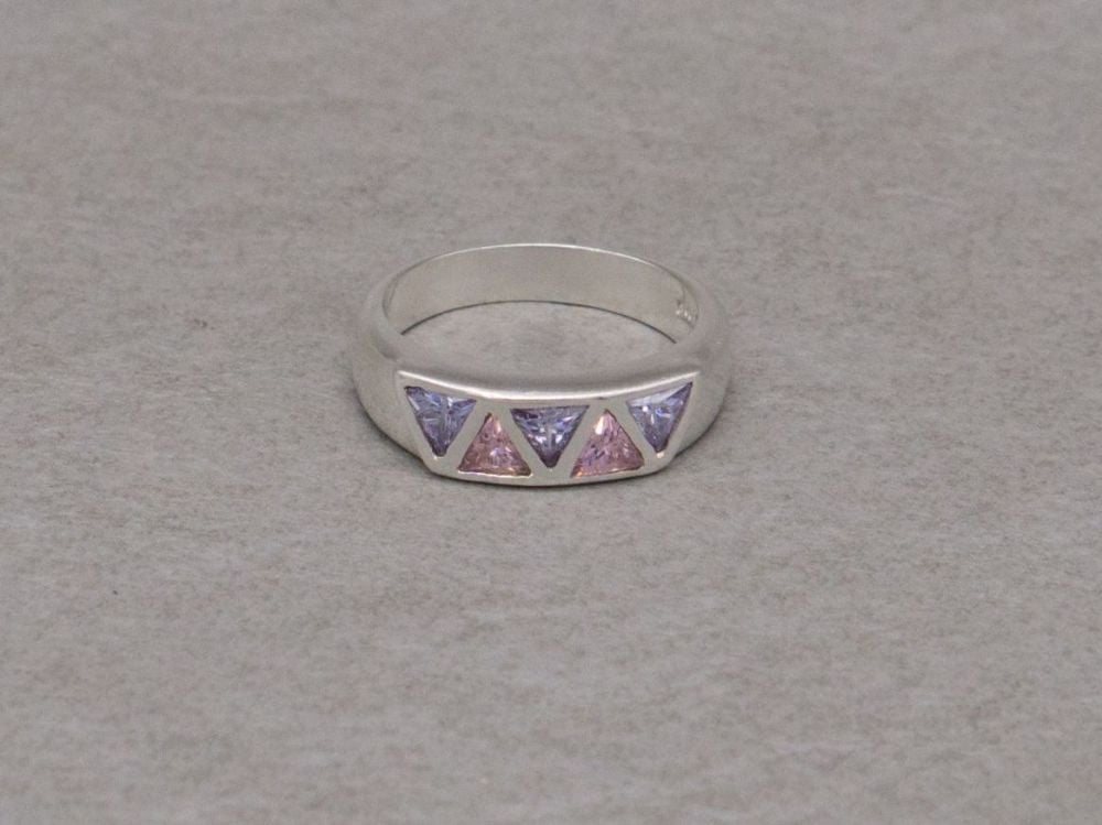 Sterling silver ring with triangular pink & lilac stones
