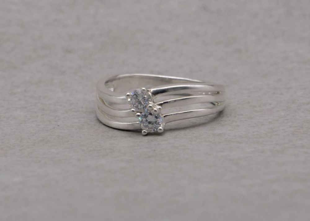 Sterling silver tri-band effect ring with two clear stones