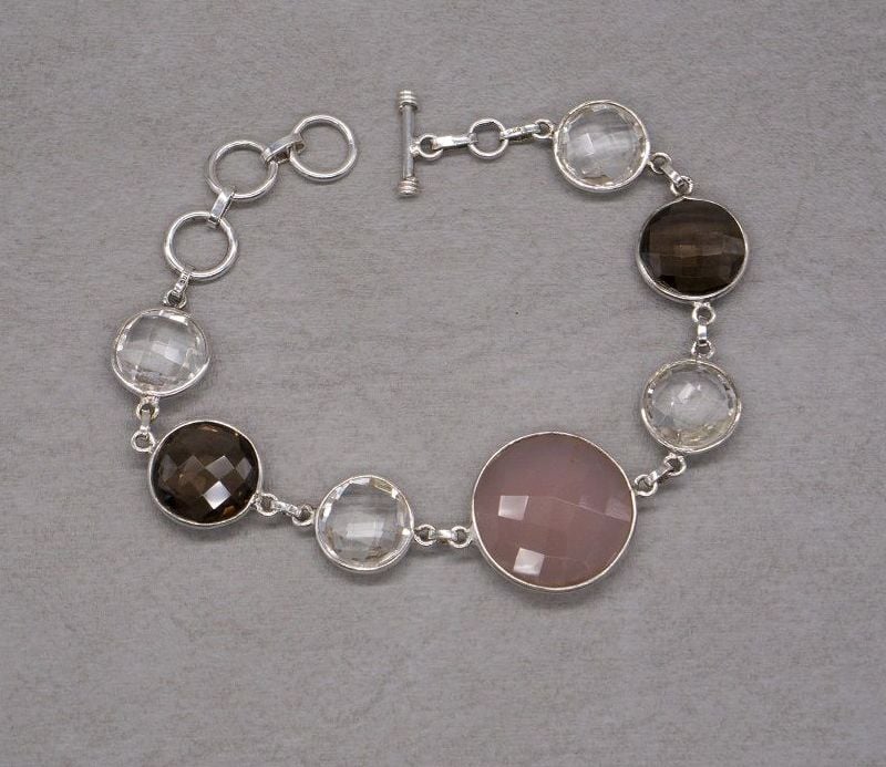 Sterling silver rose, smokey & clear quartz toggle bracelet