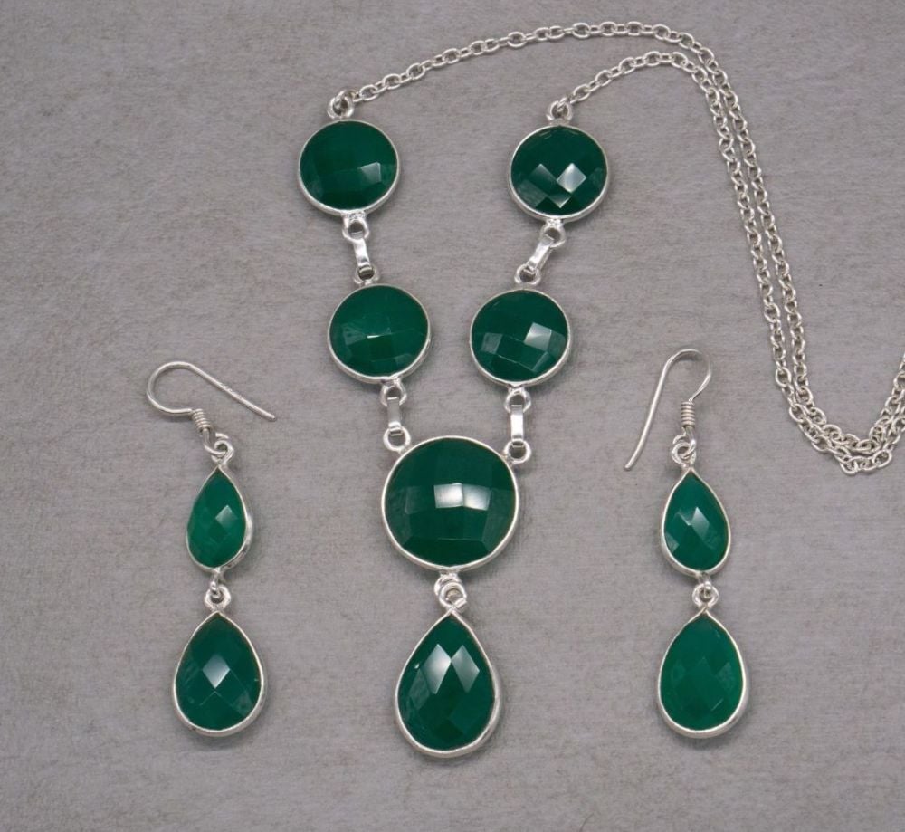 Sterling silver & faceted green onyx necklace & earring set