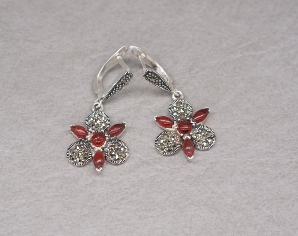 Sterling silver, marcasite & red stone floral earrings