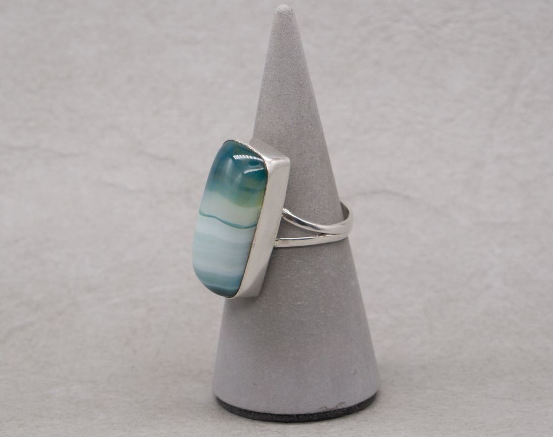 Long rectangular sterling silver & green banded agate ring