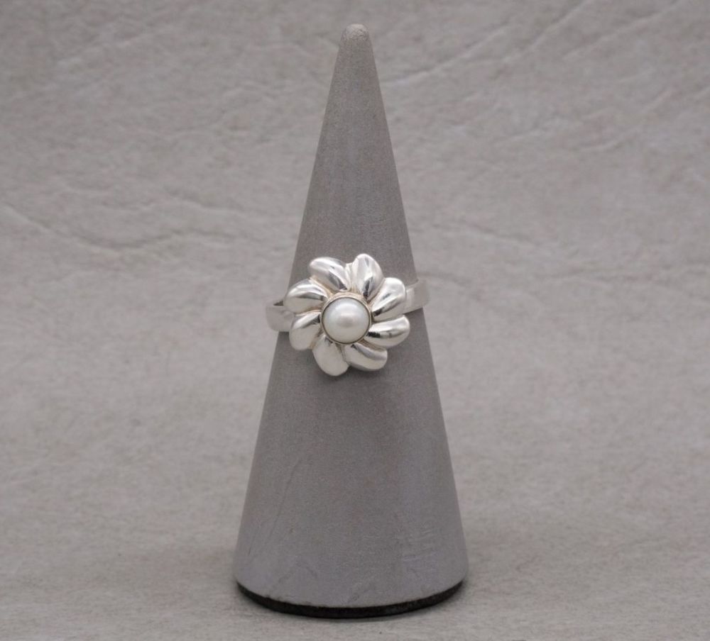 Handmade sterling silver & freshwater pearl flower ring