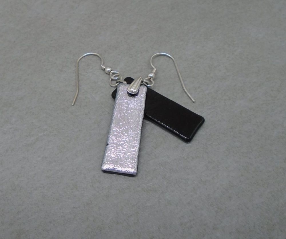 Rectangular sterling silver earrings with silver & black enamel