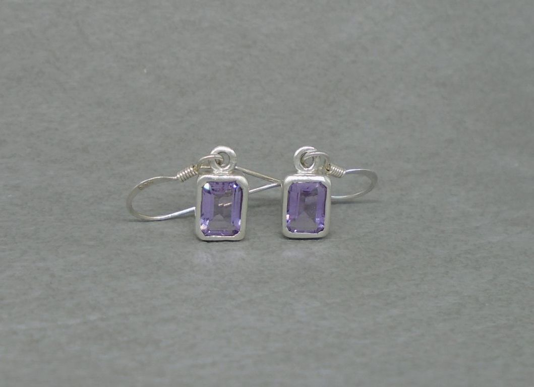 Rectangular sterling silver bezel set amethyst earrings