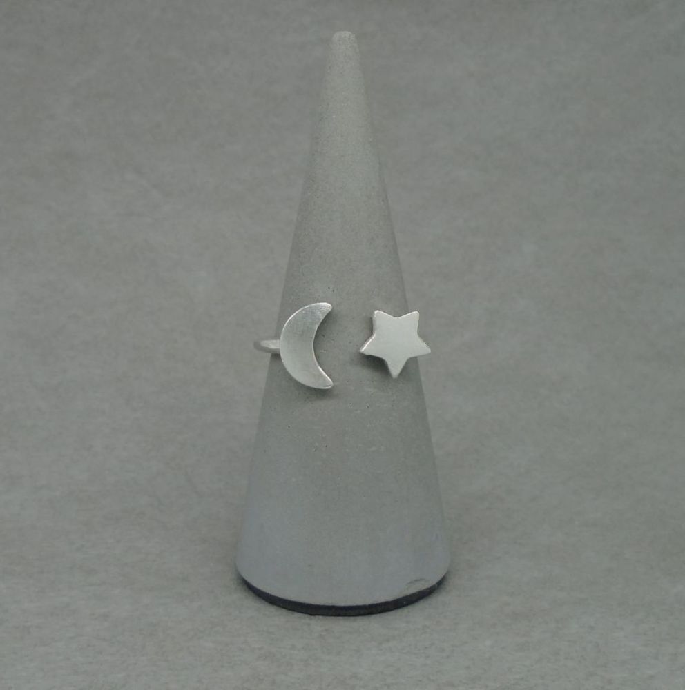 Handmade sterling silver moon & star ring